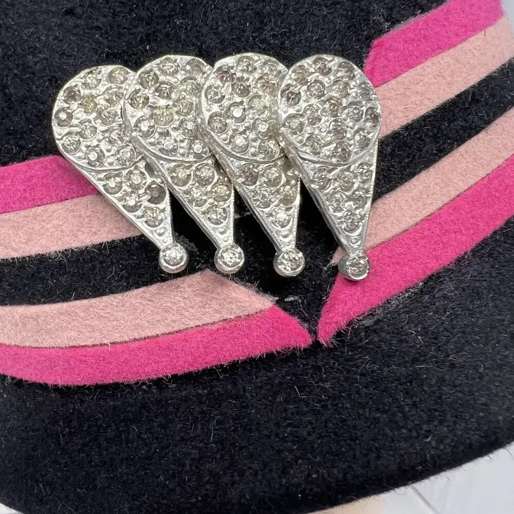 Vintage 1960s Fur Felt Pillbox Hat Pink Black Rhinestone Brooch Jackie O - Picture 4 of 10